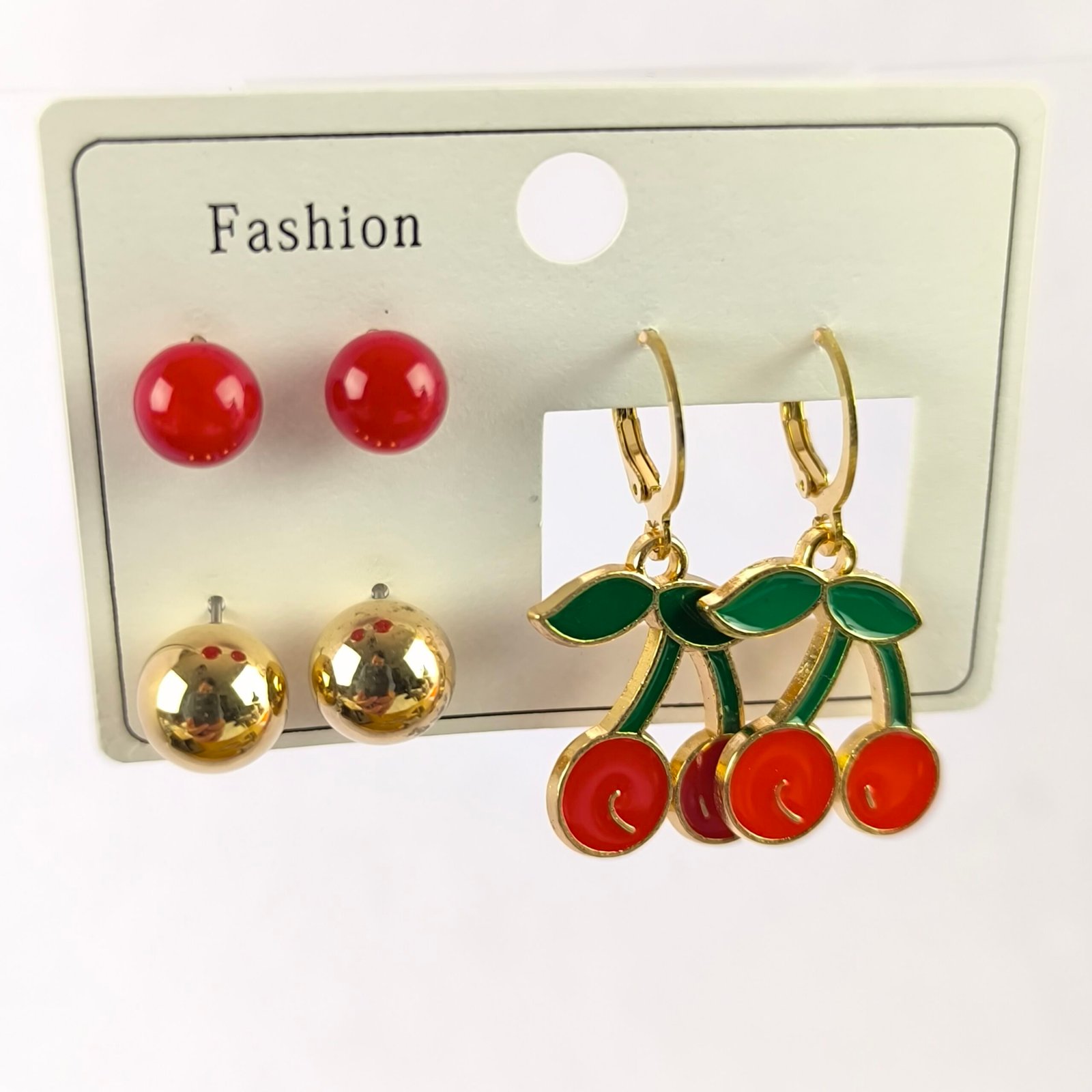 Set de Aretes Frutales con Aros y Perlas 3 Pares | Cereza y Fresa Dorado Elegante - Image 2