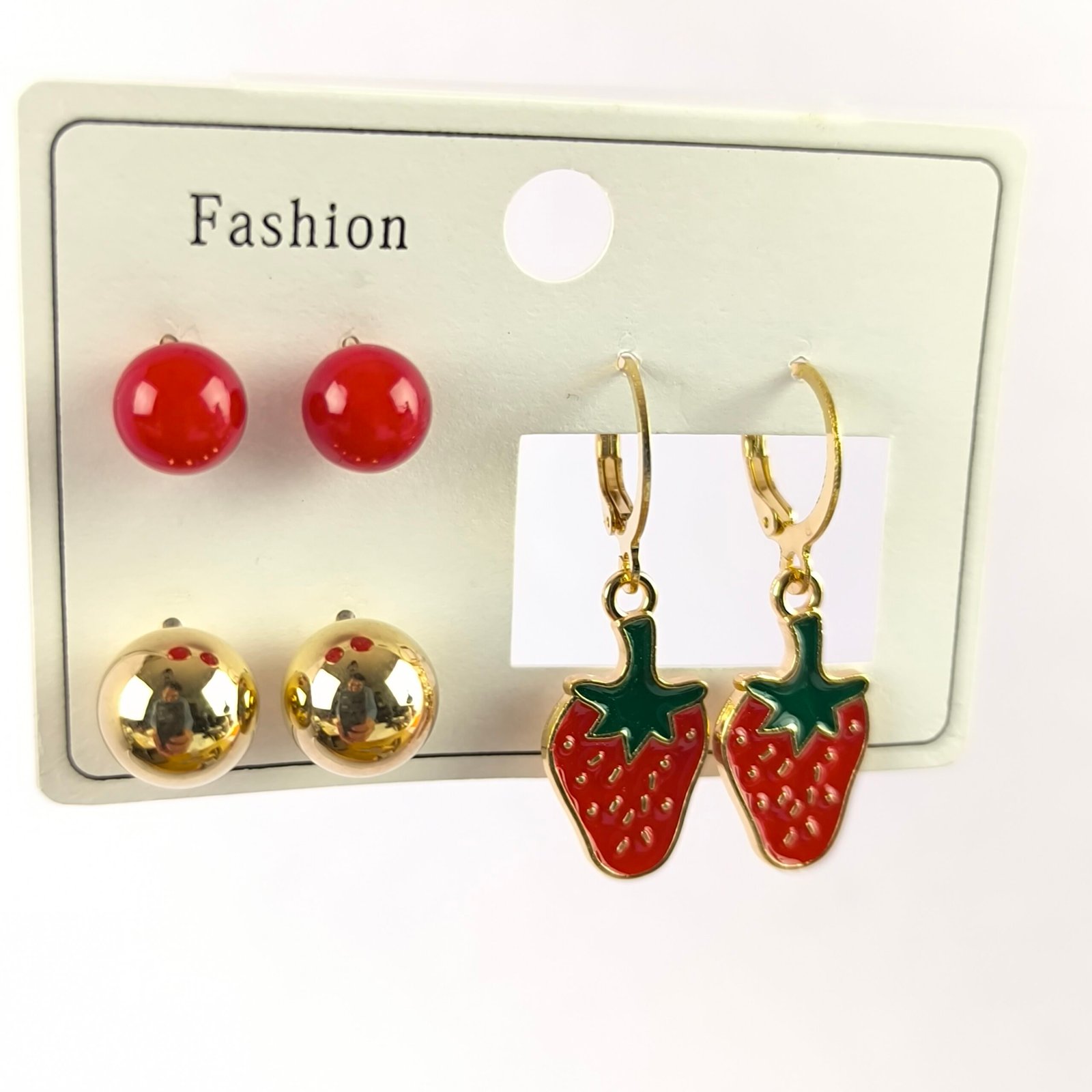 Set de Aretes Frutales con Aros y Perlas 3 Pares | Cereza y Fresa Dorado Elegante - Image 3