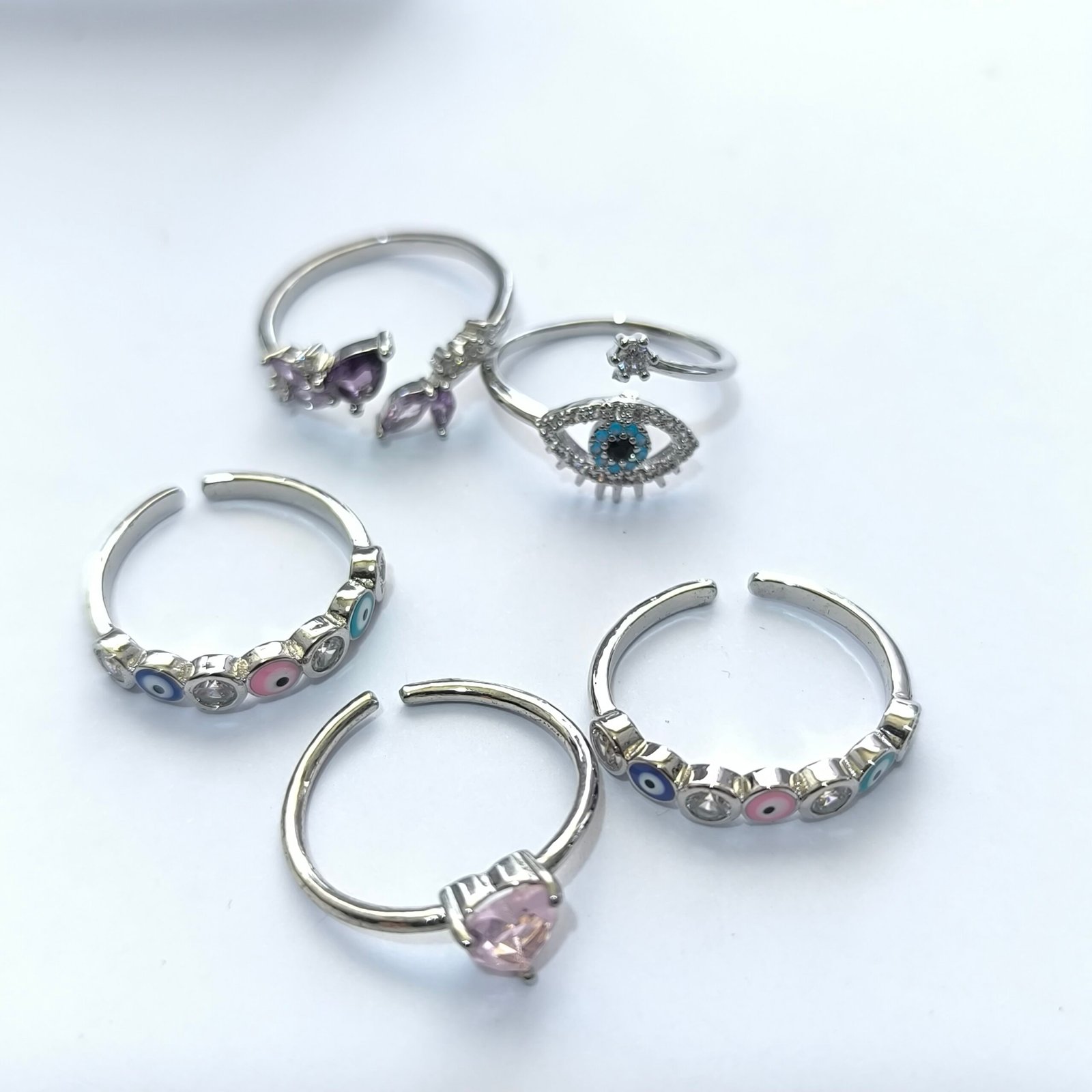 Anillos Plateados Delicados Surtidos con Ojo Turco Simbolos y Piedras | Set 100 Piezas Ajustables Coleccion 4 - Image 5