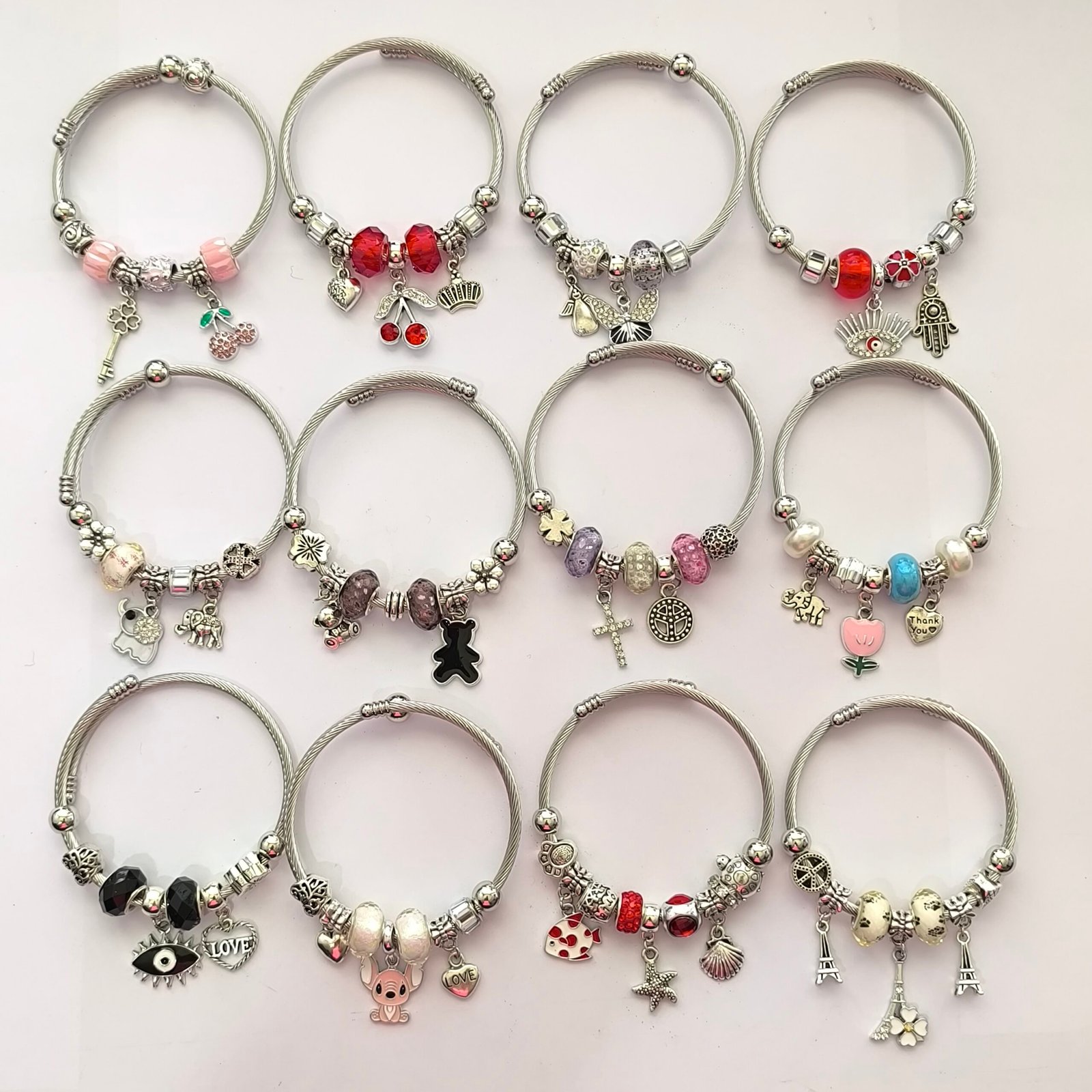 Pulsera Plateada con Charms y Cuentas | Bangle Rigido Plateado con Dijes Surtidos Modelos Variados - Image 13