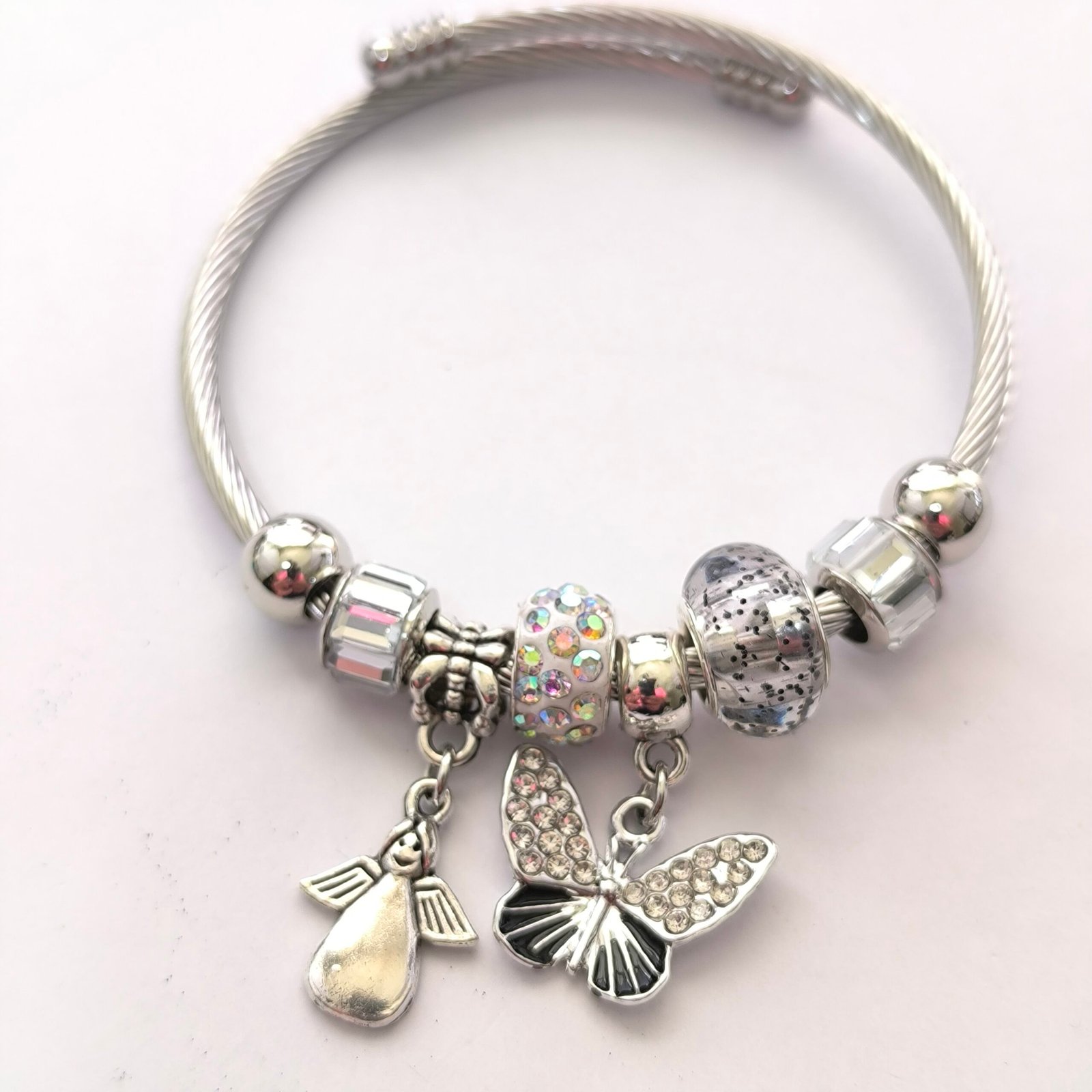 Pulsera Plateada con Charms y Cuentas | Bangle Rigido Plateado con Dijes Surtidos Modelos Variados - Image 12