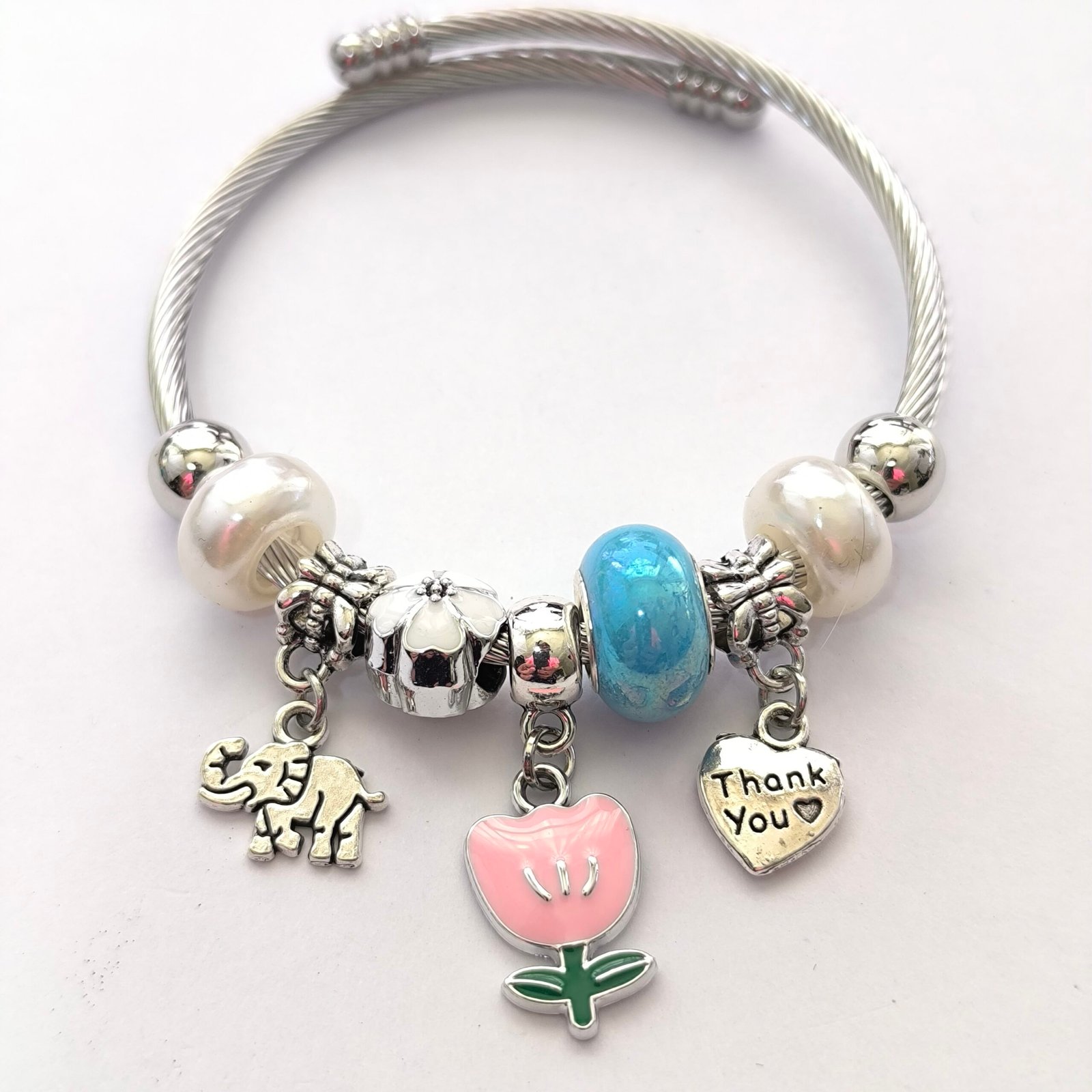 Pulsera Plateada con Charms y Cuentas | Bangle Rigido Plateado con Dijes Surtidos Modelos Variados - Image 11