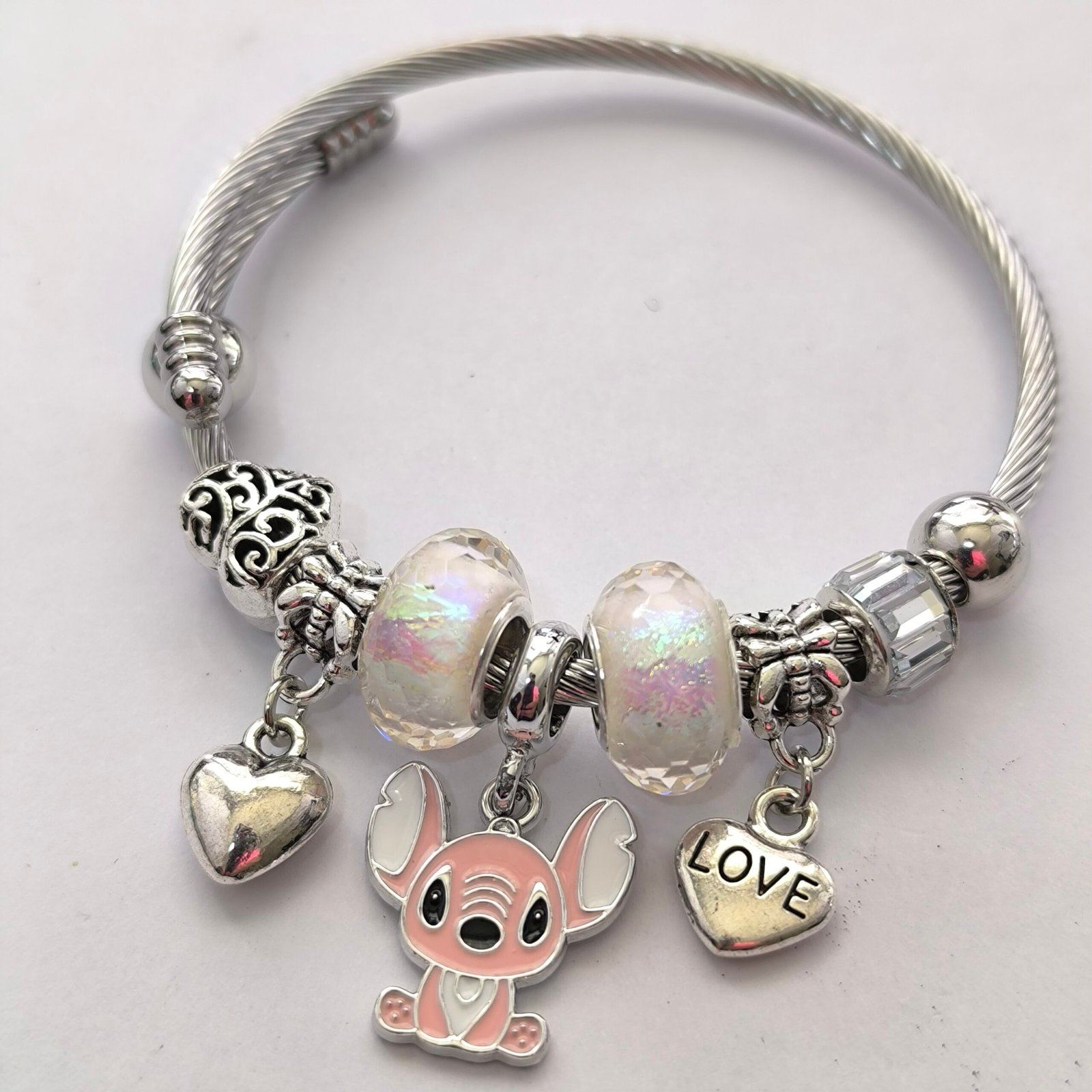 Pulsera Plateada con Charms y Cuentas | Bangle Rigido Plateado con Dijes Surtidos Modelos Variados - Image 2