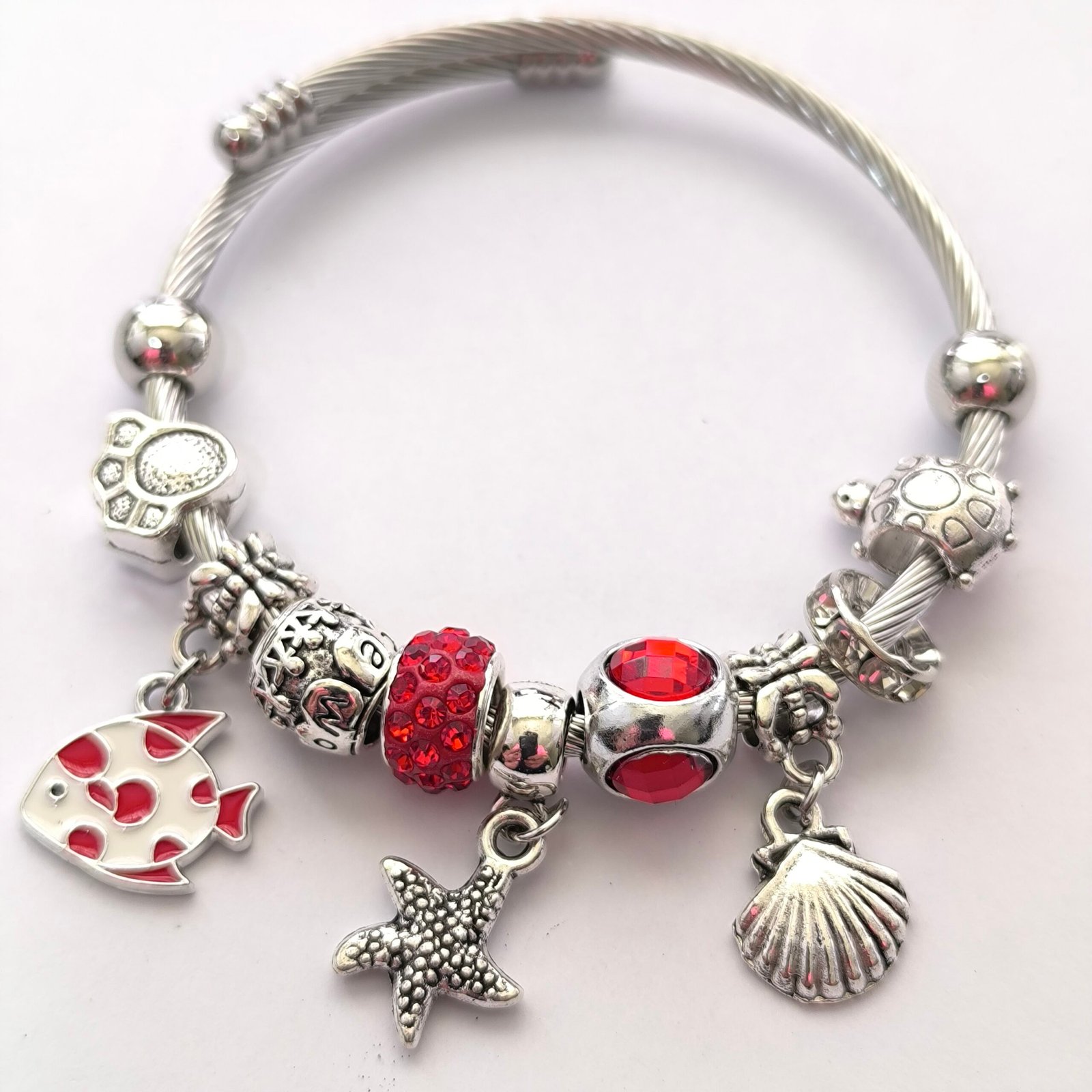 Pulsera Plateada con Charms y Cuentas | Bangle Rigido Plateado con Dijes Surtidos Modelos Variados - Image 5