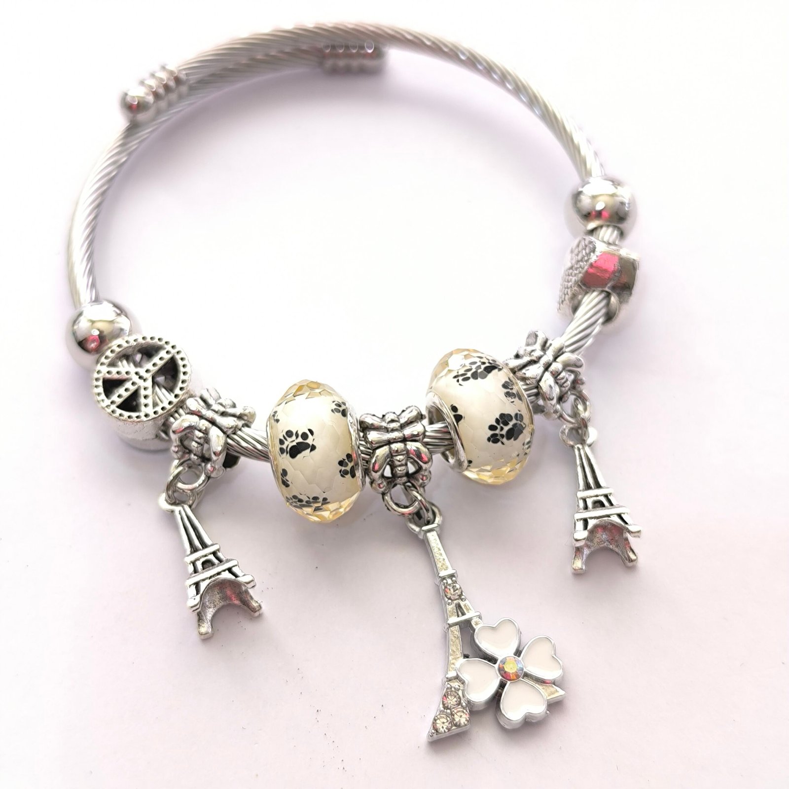 Pulsera Plateada con Charms y Cuentas | Bangle Rigido Plateado con Dijes Surtidos Modelos Variados - Image 6