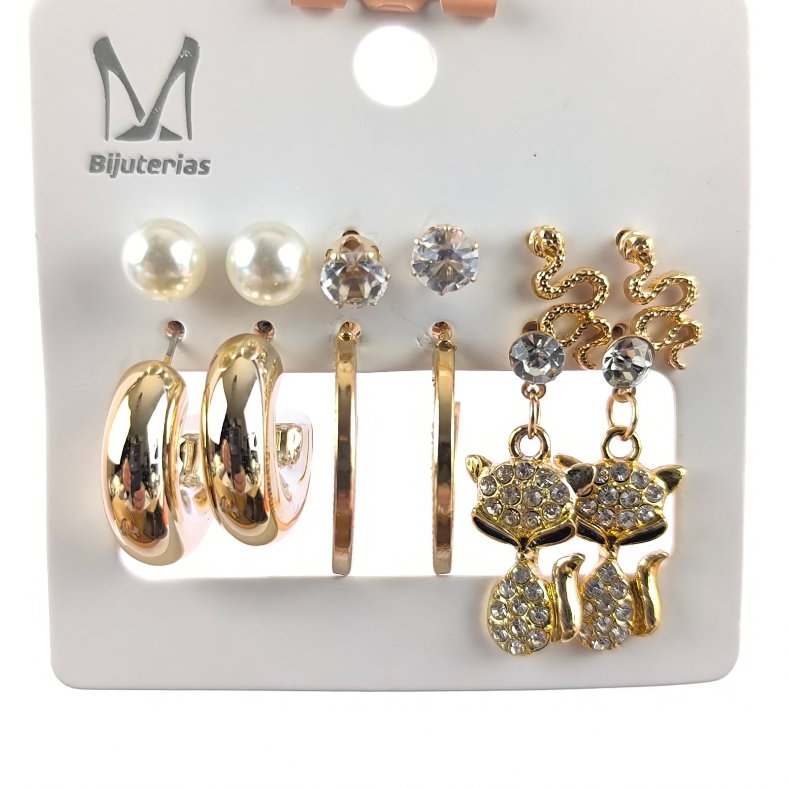 Aretes Surtidos para Mujer con Dijes y Cristales | Tarjeta 12 Unidades Venta por Mayor Dorado y Plateado - Image 2